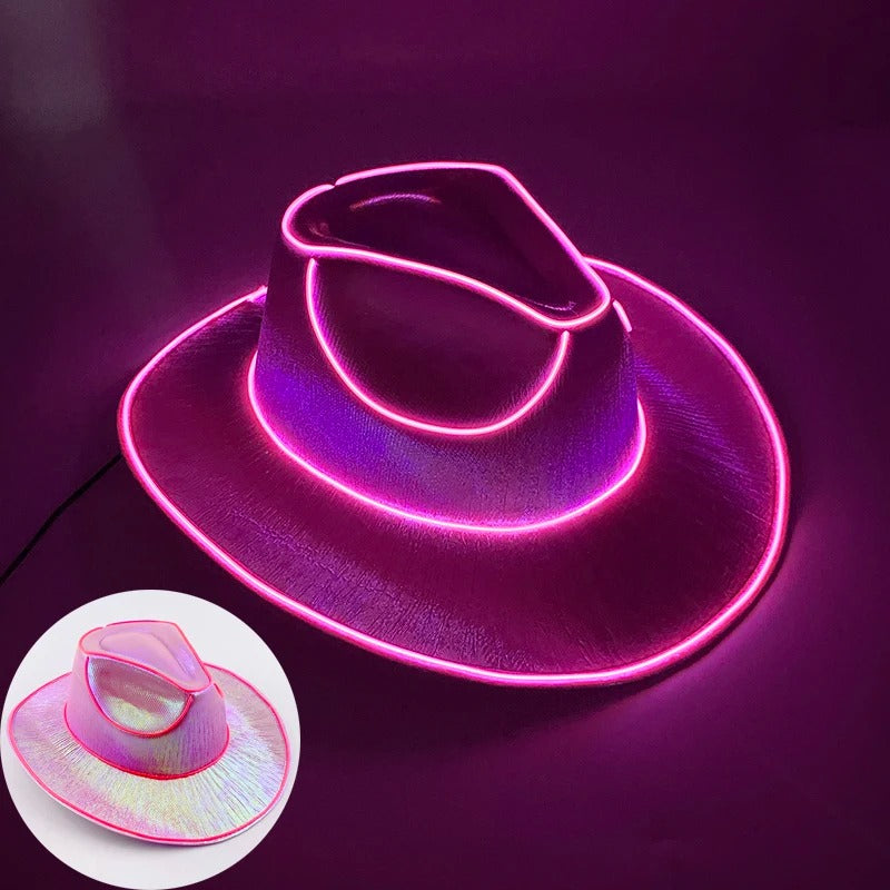 Neon Rancher Cowboy Hat glowing in vibrant pink, perfect for festivals and stylish outfits.