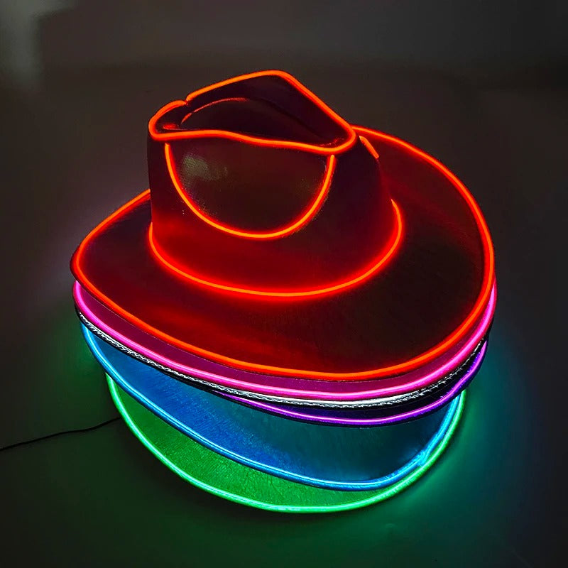 Neon Rancher Cowboy Hat glowing with vibrant neon colors, perfect for festivals and bold style.