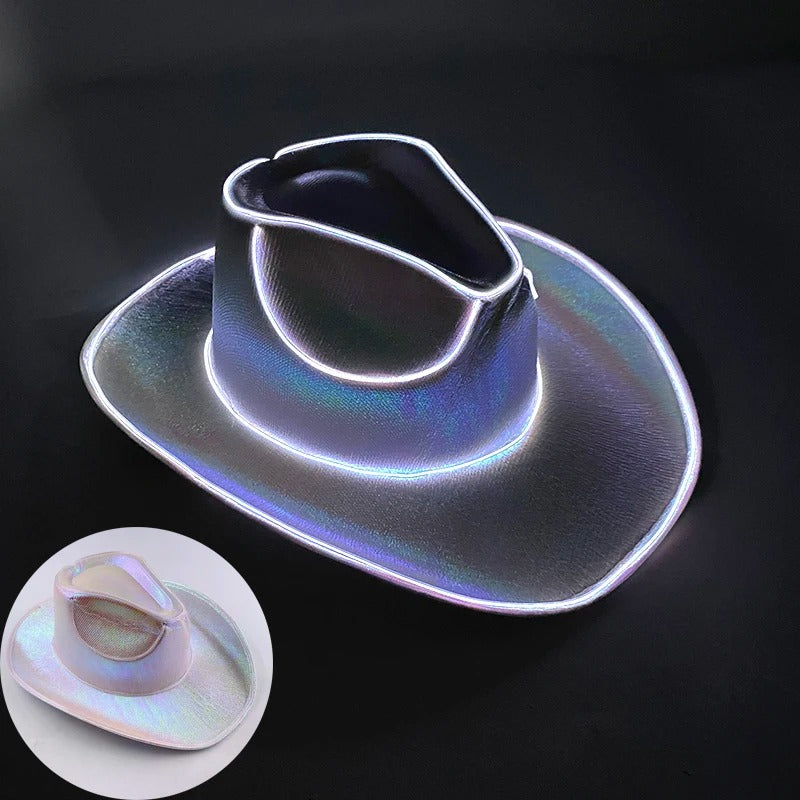 Neon Rancher Cowboy Hat with iridescent lining, stylish and vibrant for festivals and events.