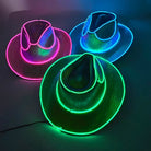 Sombrero de vaquero Neon Rancher en colores vibrantes neón rosa, azul y verde con bordes luminosos.