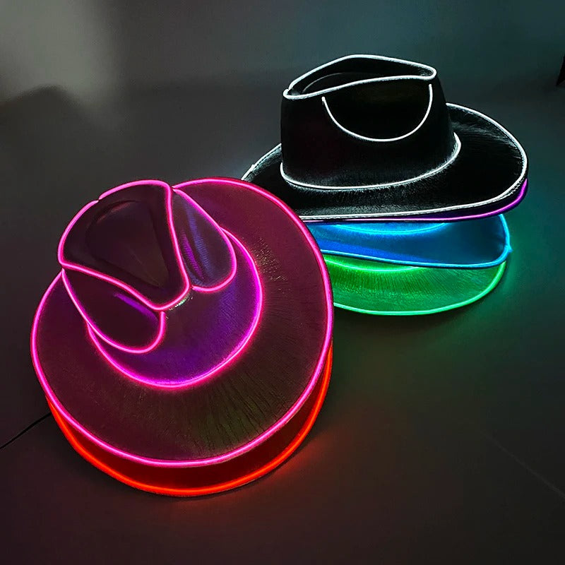 Neon Rancher Cowboy Hat in vibrant colors, featuring glowing edges for a standout festival look.