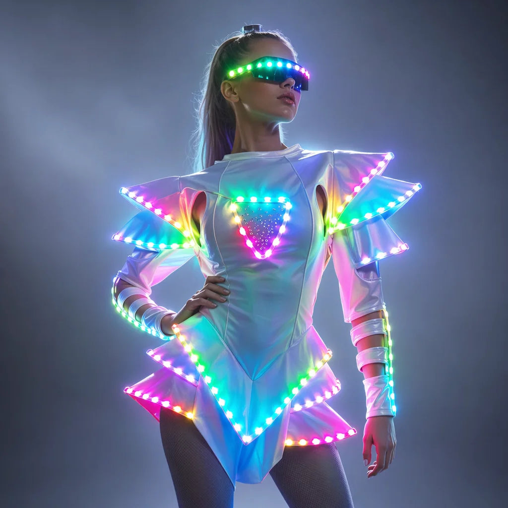 Futuristic white LED dress with glowing rainbow lights, rhinestone accents, and a structured, figure-hugging silhouette.