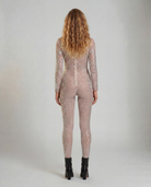 Nova Silver Rhinestone Jumpsuit, a fitted, long-sleeve, full-coverage garment with hand-glued rhinestones.