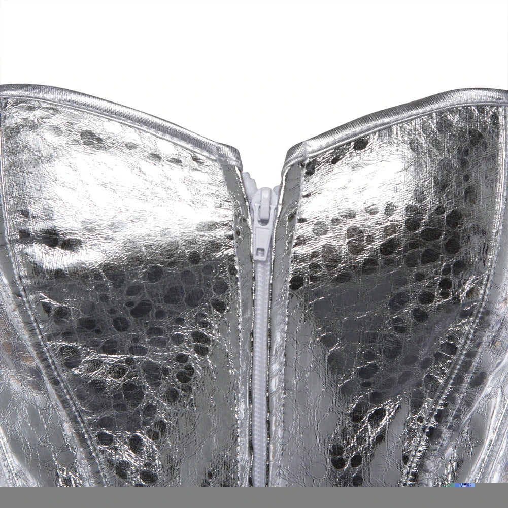 Nova Silver Snakeskin Corset Top with a metallic faux-snakeskin texture and front zipper closure.