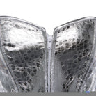 Silver snakeskin corset top with a sweetheart neckline and front zipper closure.