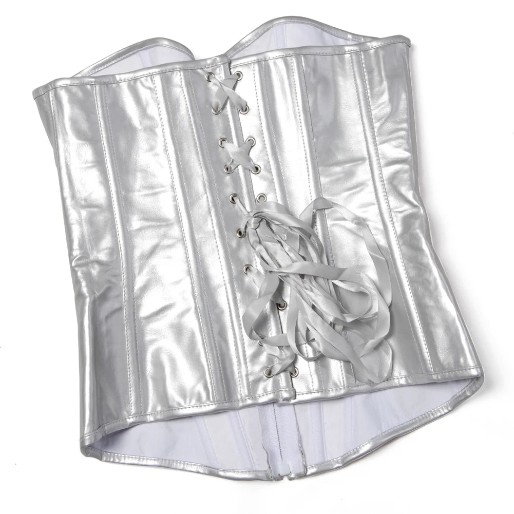 Silver faux-snakeskin corset top with boning, sweetheart neckline, front zipper, and lace-up detail.