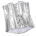 Silver faux-snakeskin corset top with structured boning, sweetheart neckline, and front lacing detail.