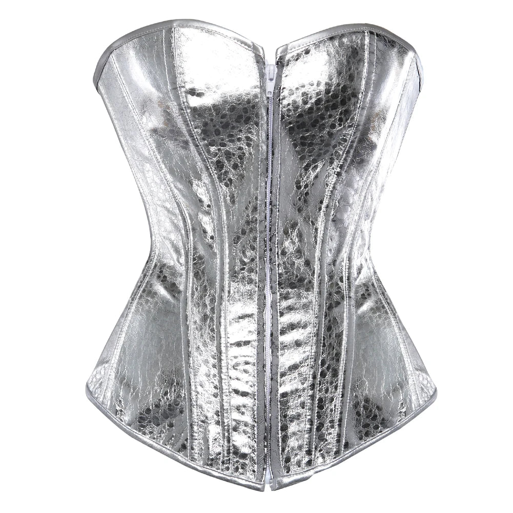 Nova Silver Snakeskin Corset Top: metallic faux-snakeskin bustier with a sweetheart neckline and front zipper.