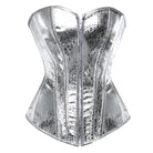 Nova Silver Snakeskin Corset Top: metallic faux-snakeskin bustier with a sweetheart neckline and front zipper.