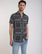 Model wearing a Black Boho Print Shirt