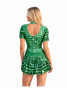 Back view of a green metallic sequin party dress with a turtleneck, flared silhouette, and back zipper closure.