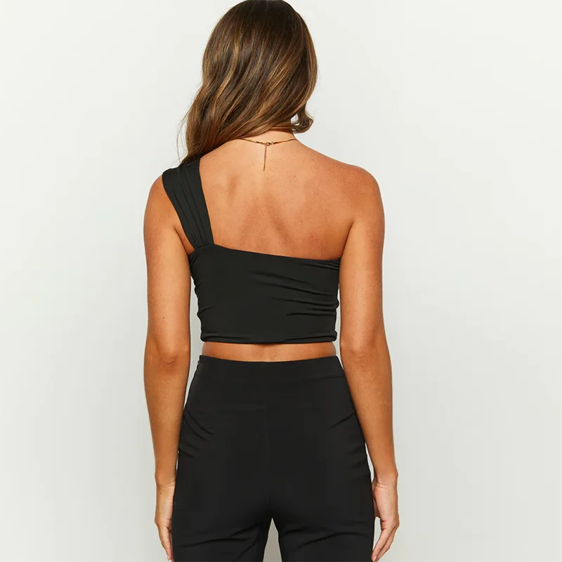 One Shoulder Black Top showcasing sleek back design, perfect for raves and stylish festivals.
