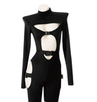 Black Cyber Gothic Sexy Bodysuit with cut-out details and buckle accents for bold fashion statements.