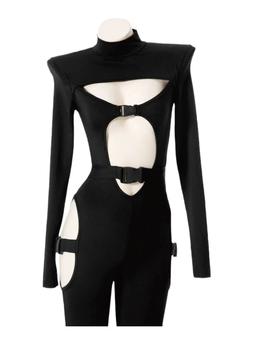 Body de estilo gótico cibernético negro sexy con detalles recortados y acentos de hebilla para declaraciones de moda audaces.