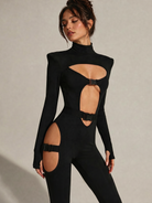 Black Cyber Gothic Sexy Bodysuit with cut-outs, metallic buckles, and high neck.