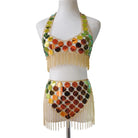 Festival Top and Tassel Mini Skirt Set with colorful sequins and fringe detailing for vibrant festival style.