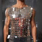 Men's silver mirror disc chain vest, handmade with interlocking reflective discs and open chain sides.