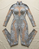 Silver rhinestone metallic jumpsuit with sheer nude mesh and intricate sparkling embellishments.