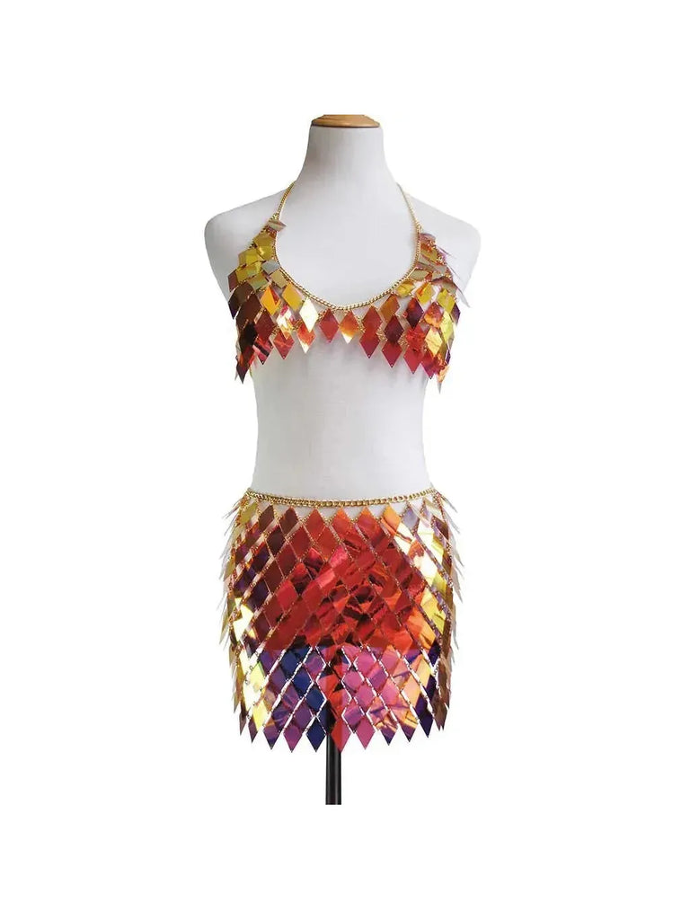 Rhombic Metal Backless Skirt and Top Set with colorful sequins, perfect for festivals and raves.