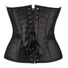 Overbust Corset in black with hollow out mesh, satin finish, and lace-up design.