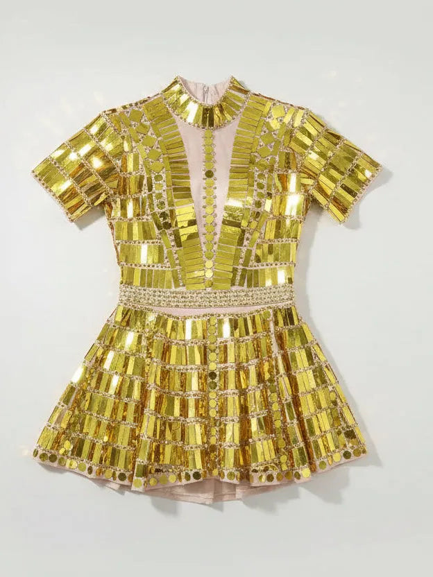 Gold reflective mirror sequin dress with short sleeves, high neck, and a body-contouring fit.