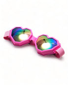 Gafas de Sol con forma de corazón, lentes arcoíris y montura rosa, ideales para festivales.