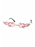 Pink Luna Flame Crystal Rimless Sunglasses with flame-shaped crystal embellishments and gold arms.