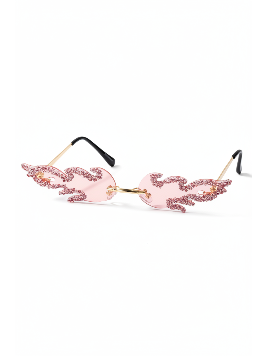 Pink Luna Flame Crystal Rimless Sunglasses with flame-shaped crystal embellishments and gold arms.