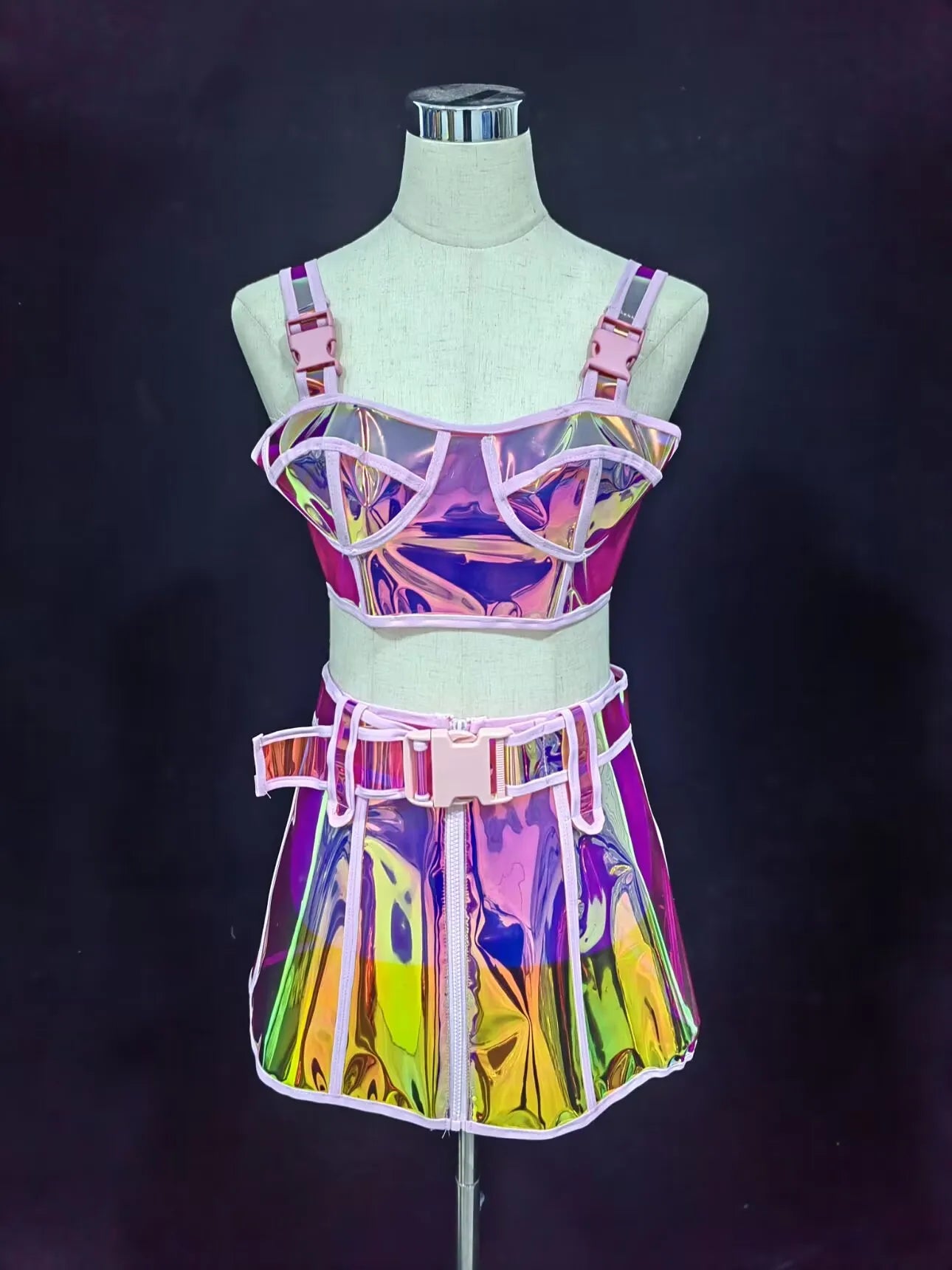 Pink Reflective Top and Skirt Set featuring shiny materials and stylish design for festivals and parties.
