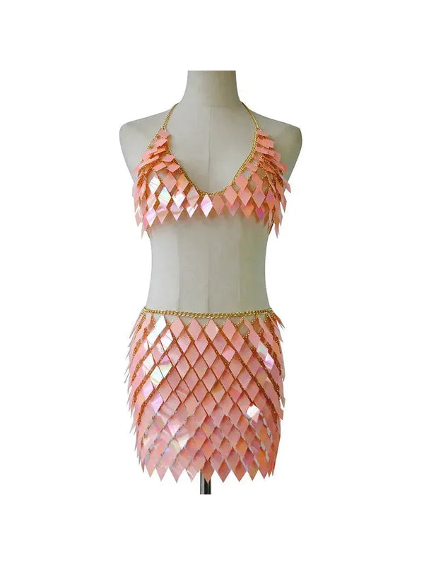 Rhombic Metal Backless Skirt and Top Set featuring sequin design for festival fashion.