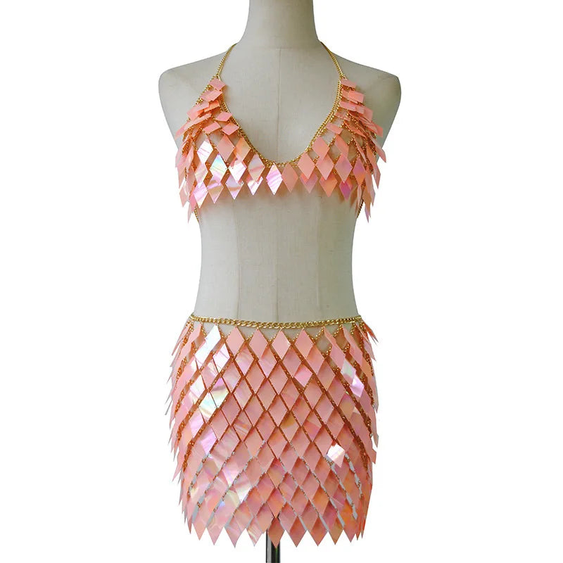 Pink Rhombic Metal Backless Skirt and Top Set