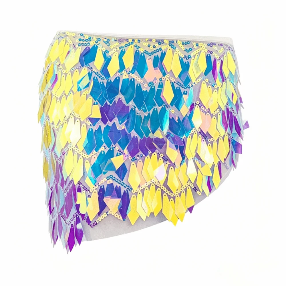 Vera mini skirt featuring iridescent diamond-shaped sequins, metal chain accents, and a stretch elastic waist.