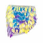 Vera mini skirt featuring iridescent diamond-shaped sequins, metal chain accents, and a stretch elastic waist.