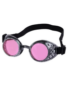 Vintage steampunk goggles with distressed silver frames, pink lenses, and a black adjustable elastic strap.