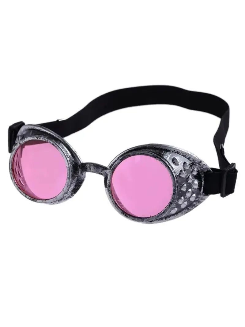Vintage steampunk goggles with distressed silver frames, pink lenses, and a black adjustable elastic strap.