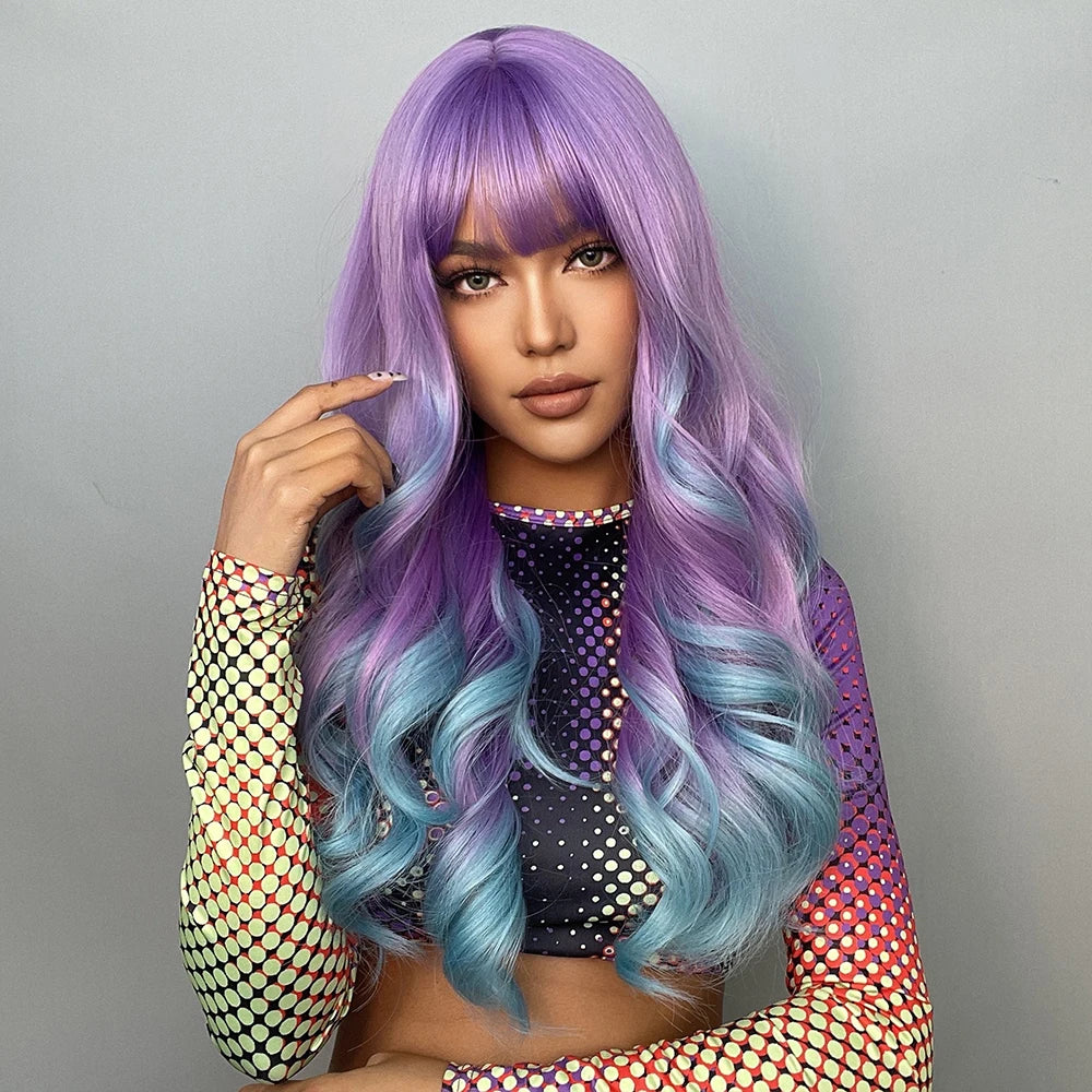 Cosplay Long Synthetic Wig in purple and blue with curls, perfect for festivals and cosplay events.