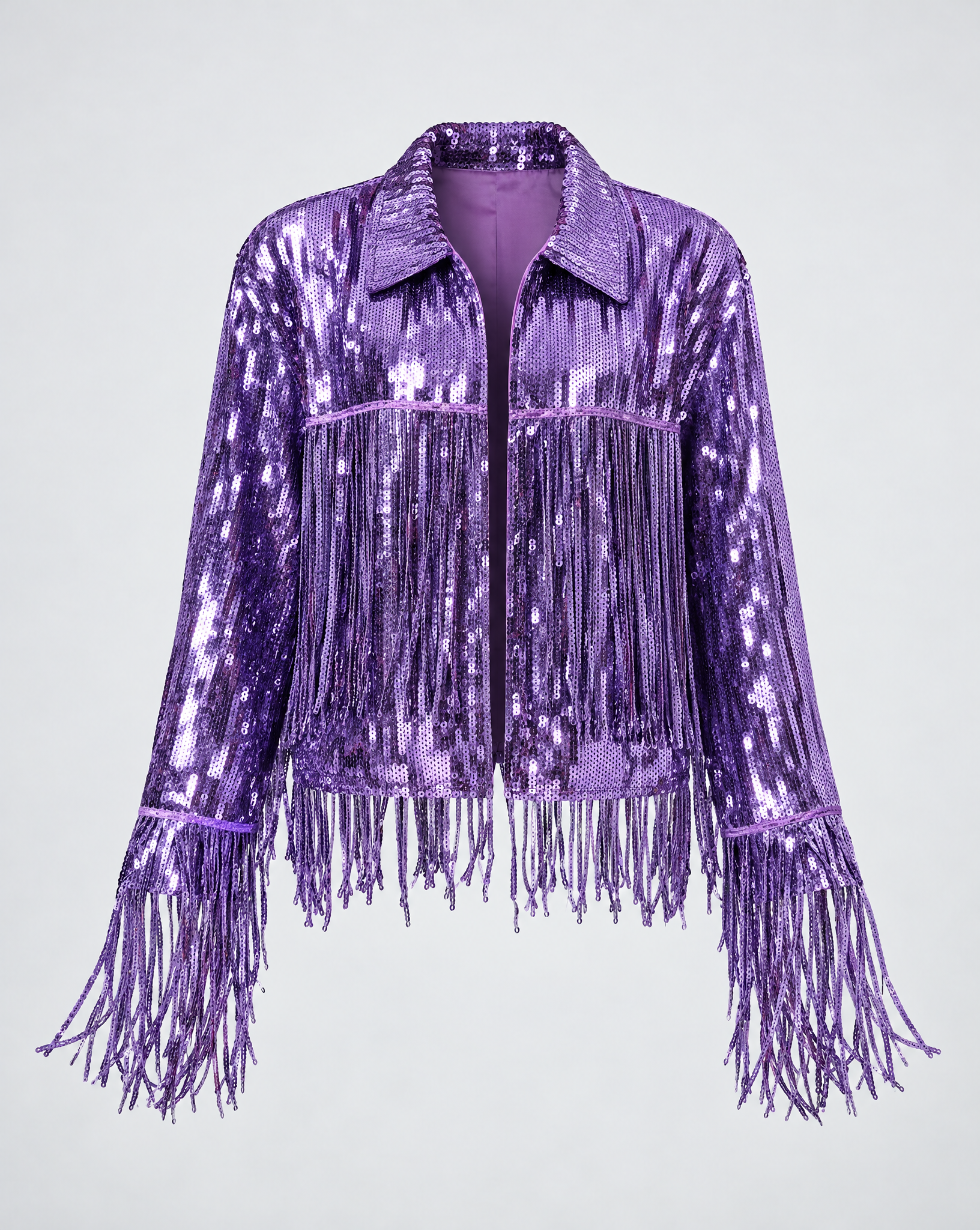 Purple metallic sequin jacket featuring a classic collar and long fringe trim on the bodice and sleeves.
