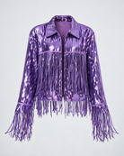 Purple metallic sequin jacket featuring a classic collar and long fringe trim on the bodice and sleeves.