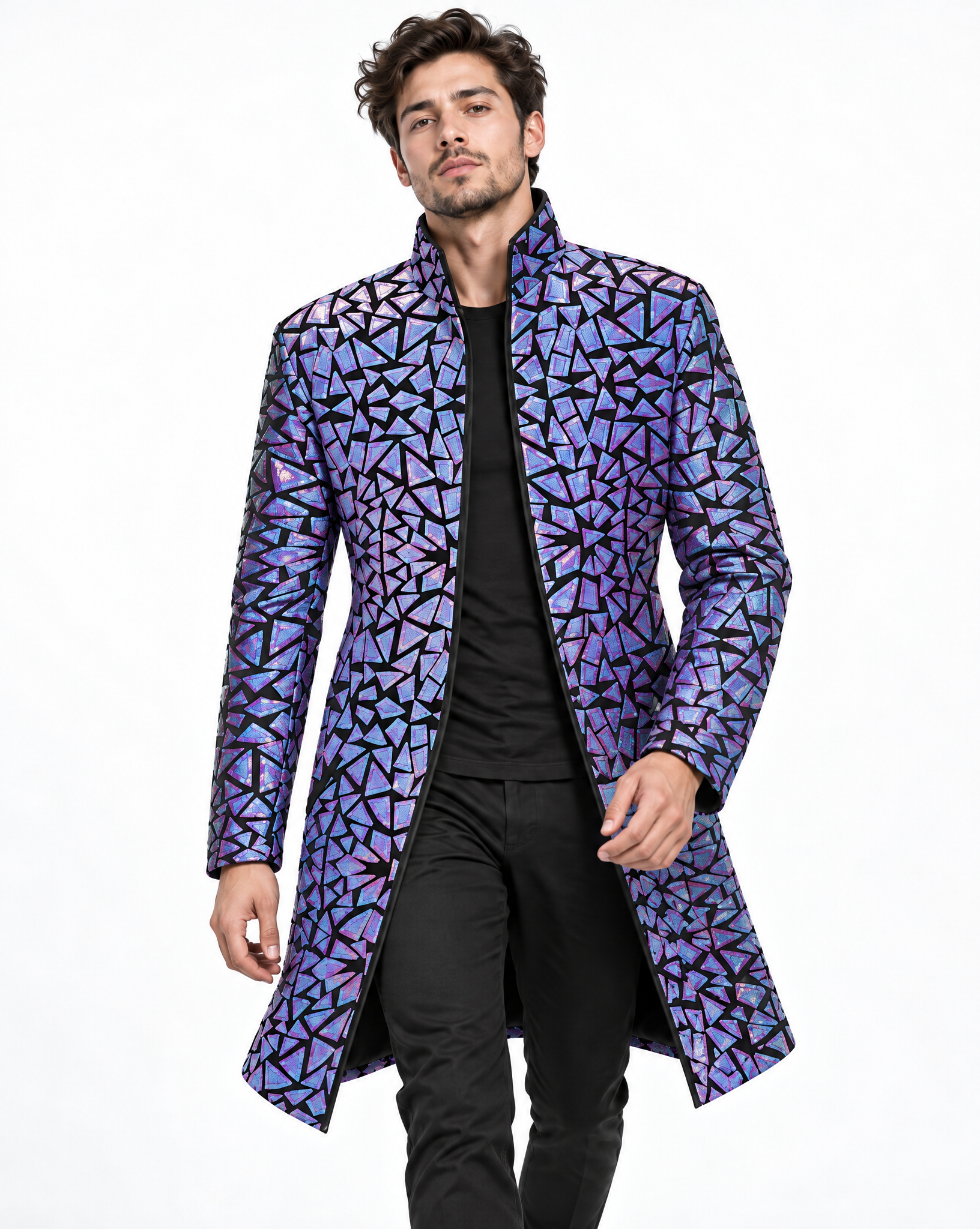 Purple velvet jacket featuring geometric holographic mirror panels and a structured high collar worn over black clothing.