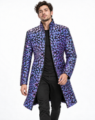 Purple velvet jacket featuring geometric holographic mirror panels and a structured high collar worn over black clothing.