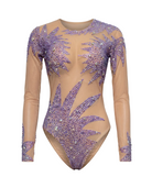 purple star mesh bodysuit close-up view with sparkling rhinestones and tassel details