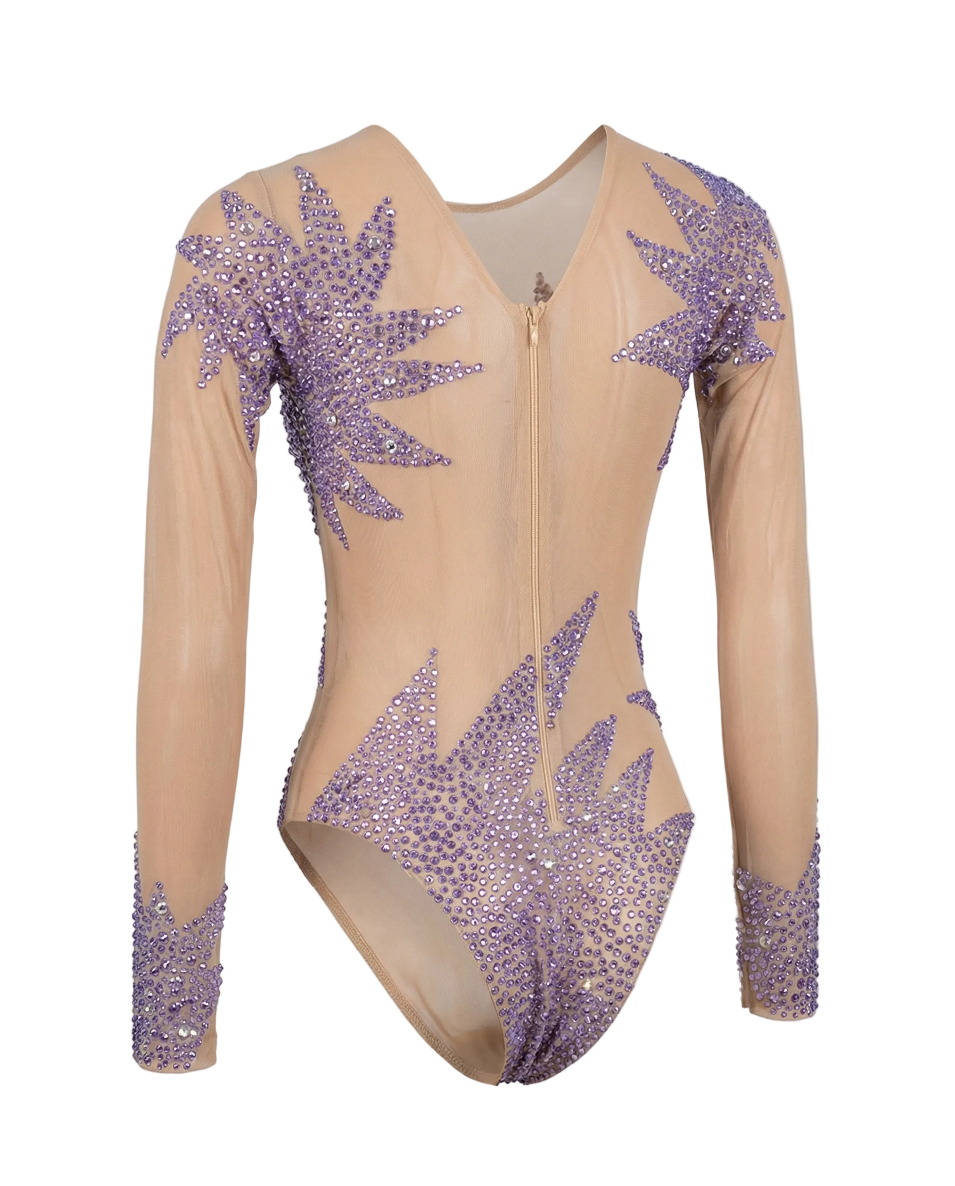 purple star mesh bodysuit close-up view with sparkling rhinestones and playful tassels