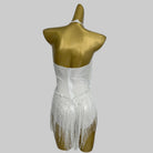 back-view white tassel pearl sequin fringe bodysuit with shimmering fringes