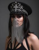 Raven Black Chain Veil Military Hat with sequins, rhinestones, studded cross, and draped silver chain face veil.