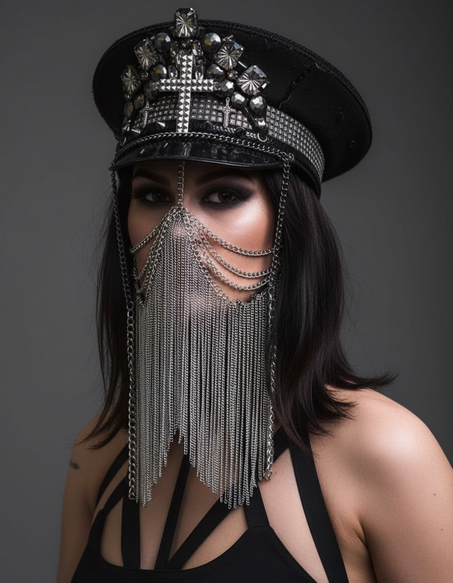 Raven Black Chain Veil Military Hat with sequins, rhinestones, studded cross, and draped silver chain face veil.