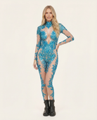 Reagan Sky Blue Rhinestone Jumpsuit: full-length, sheer spandex base with intricate blue sequins and rhinestones.