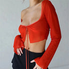 Red Mesh Lace Up Long Sleeve Crop Top