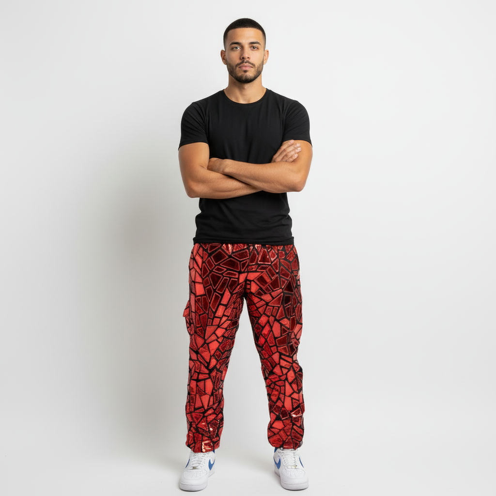 Pantalon à panneaux miroir géométriques rouges Rocco