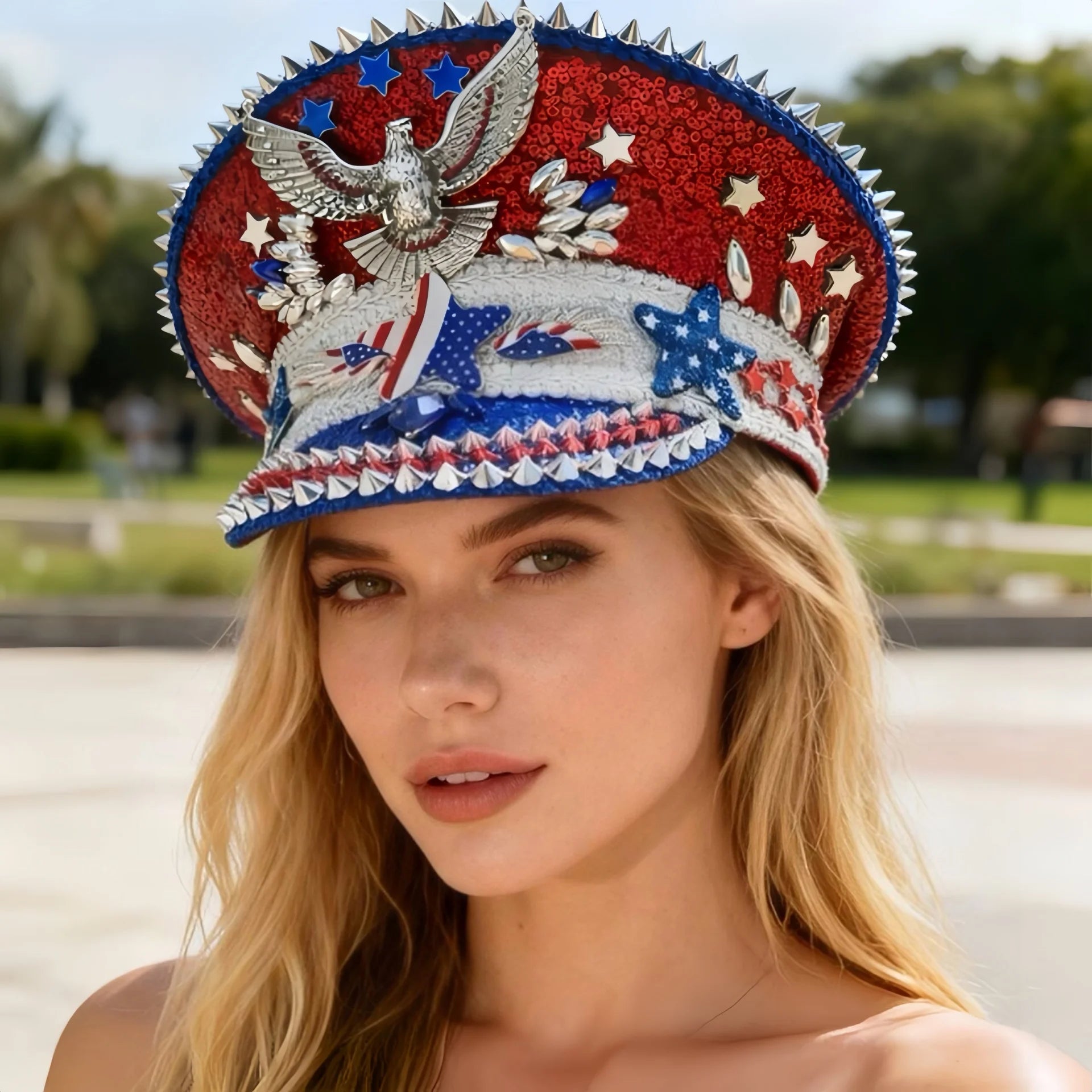 US Strass Capitan Militärmütze mit roten, weißen und blauen Pailletten, silbernem Adler und Sternverzierungen.