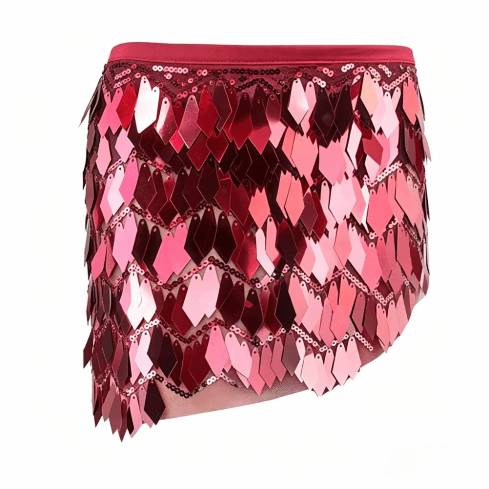 Red sequin mini skirt featuring diamond-shaped metallic scales, a comfortable elastic waistband, and delicate chain detailing.
